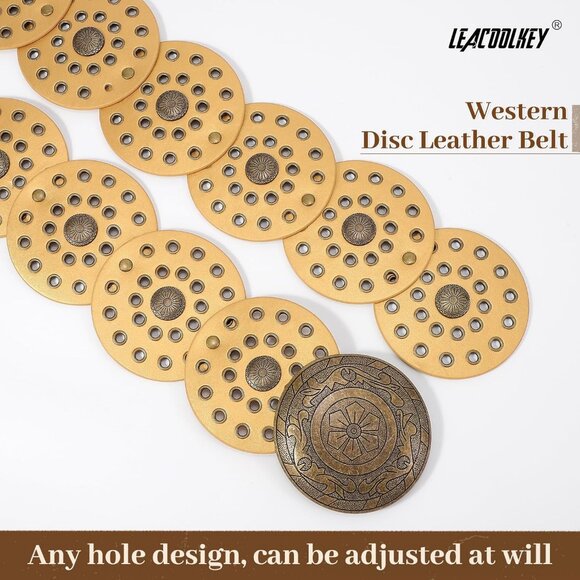 Women's Boho Disc Belt Wide Western Leather Belt Vintage Concho Waist Belts Gold - Picture 3 of 6